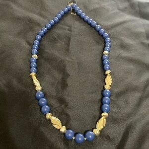 Blue and gold beaded Lucite necklace 26”